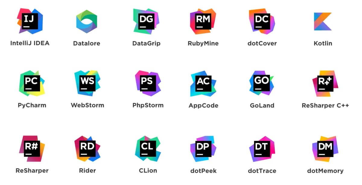 Grid of JetBrains IDEs including IntelliJ IDEA, WebStorm, PyCharm, PhpStorm, RubyMine, and CLion