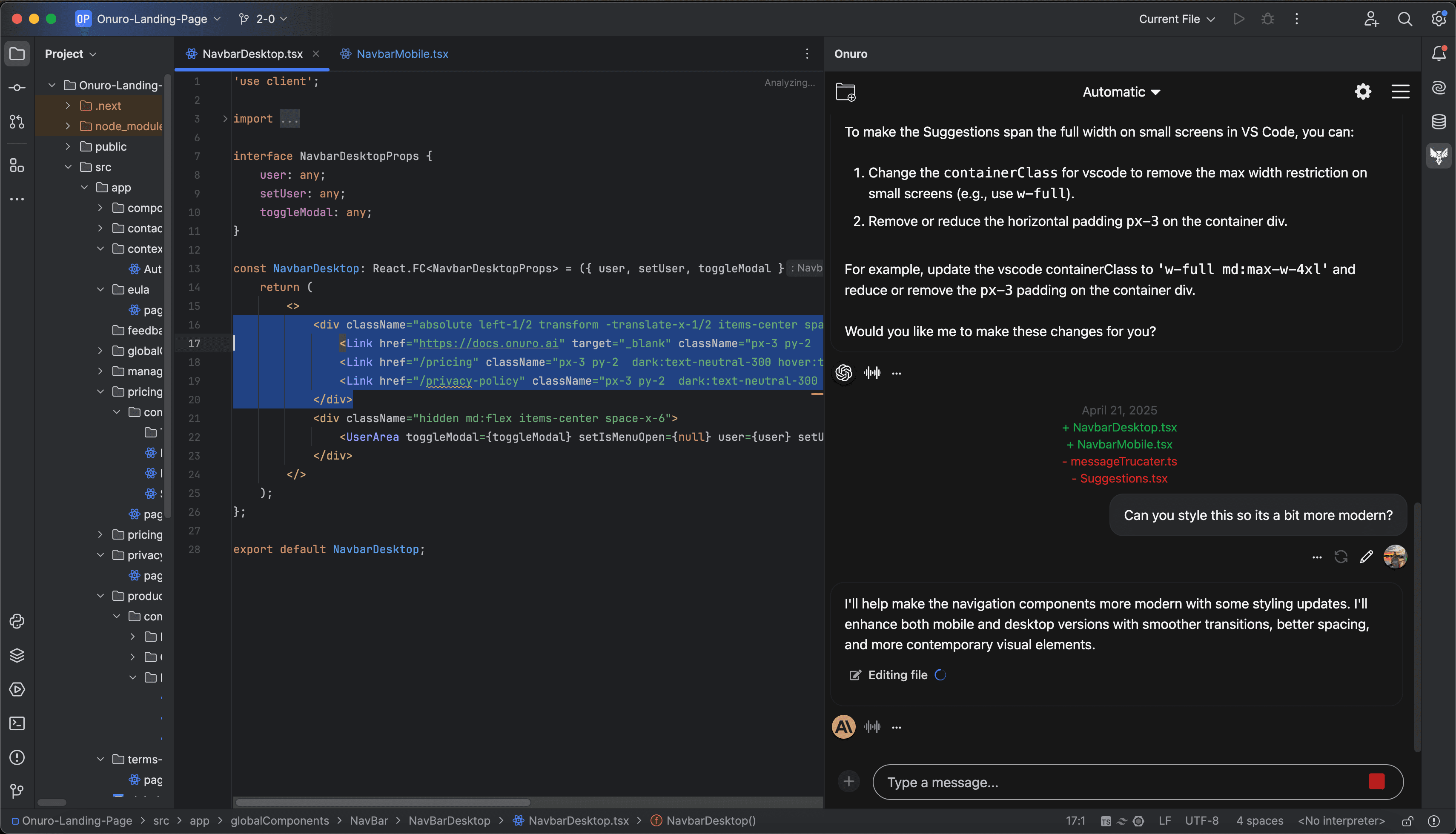 Onuro AI Code Assistant interface showing code suggestions and chat