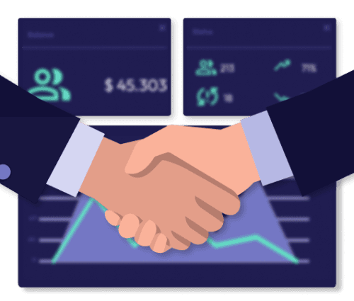 Handshake with financial dashboard showing transparent pricing and business clarity